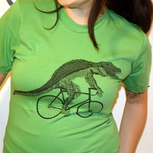 Alligator on a Bicycle T Shirt - Grass Green Bike Shirt American Apparel