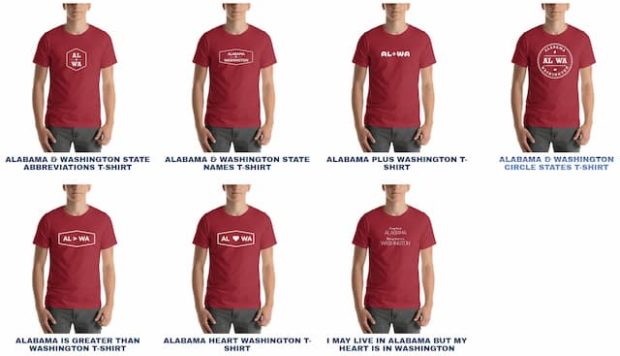 Alabama and Washington T-Shirt Options